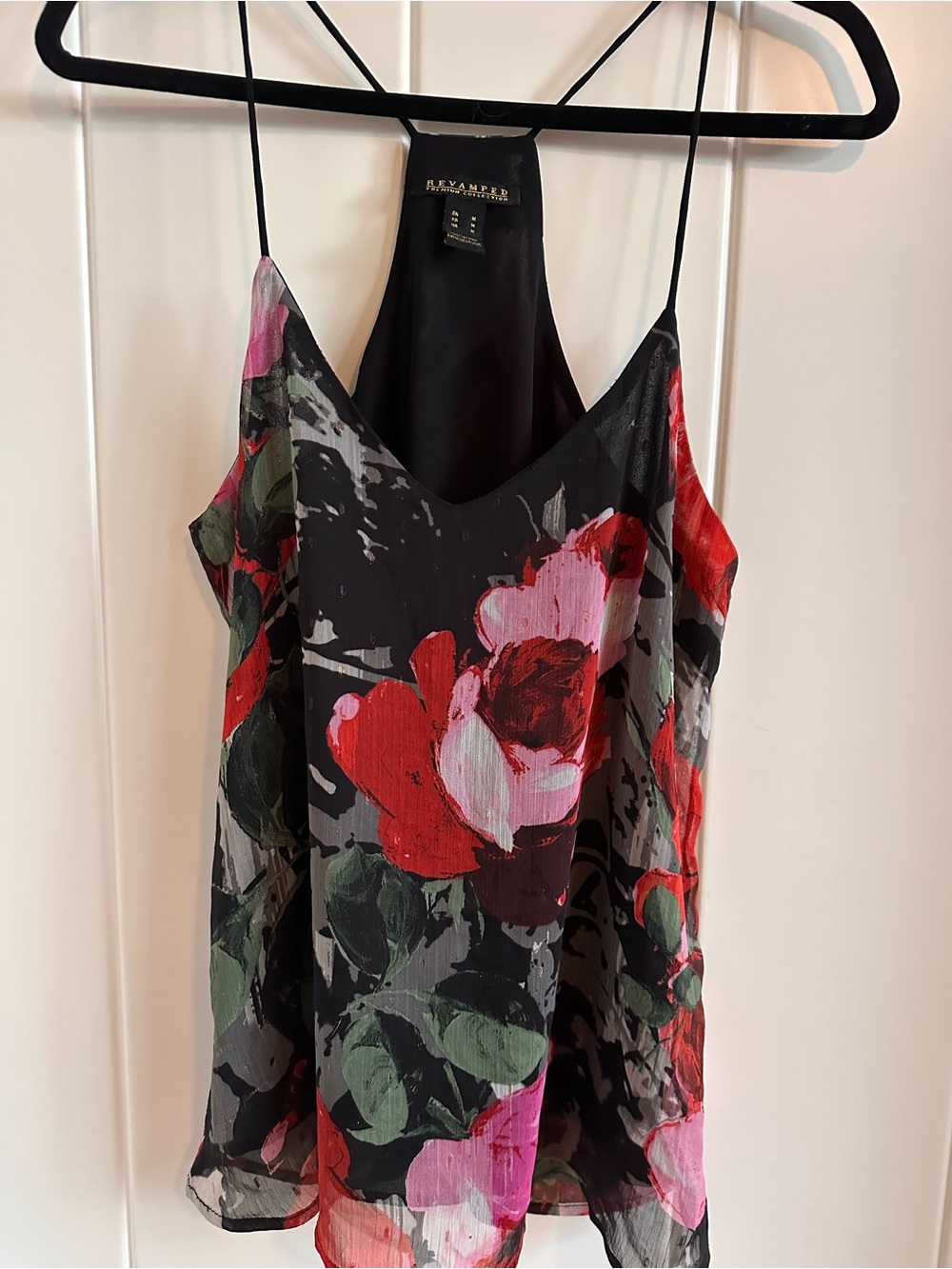 Revamped Black Floral Silk Cami - Red, Pink & Green Floral Print